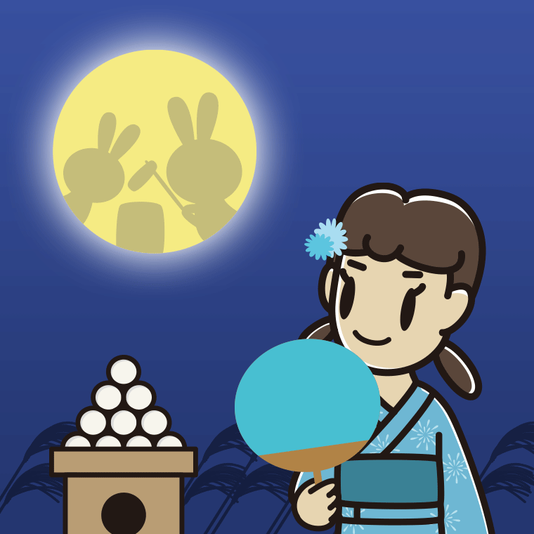 お月見をする女子中学生のイラスト【色、背景あり】PNG