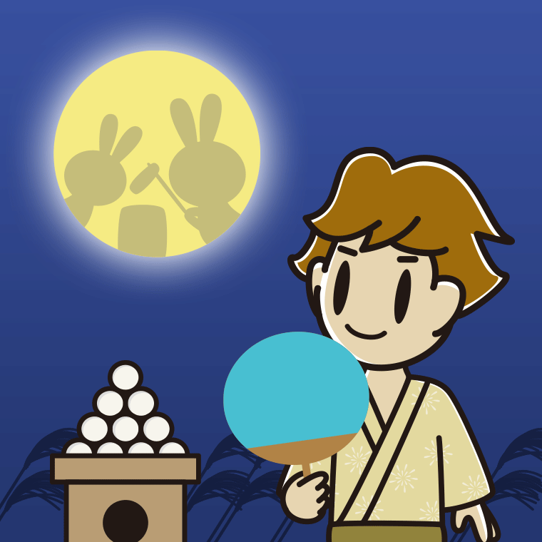 お月見をする男子高校生のイラスト【色、背景あり】PNG
