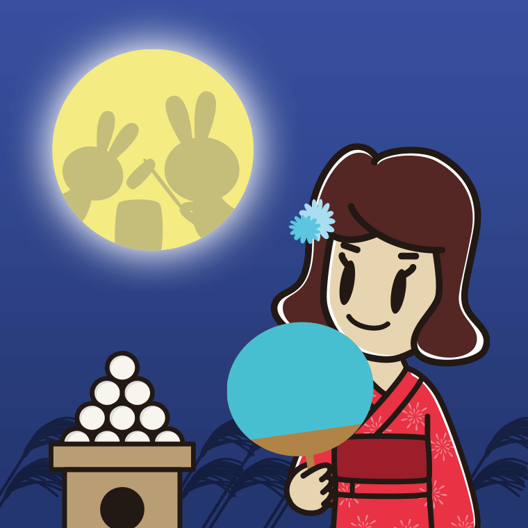 お月見をする女子高校生のイラスト【色、背景あり】PNG