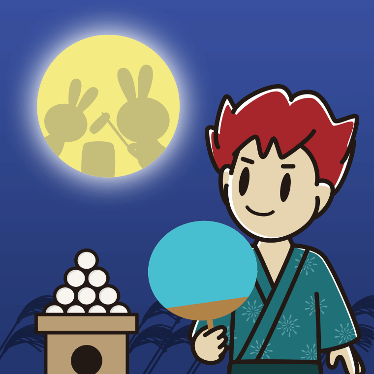 お月見をする男子大学生のイラスト【色、背景あり】PNG