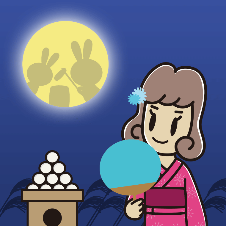お月見をする女子大学生のイラスト【色、背景あり】PNG