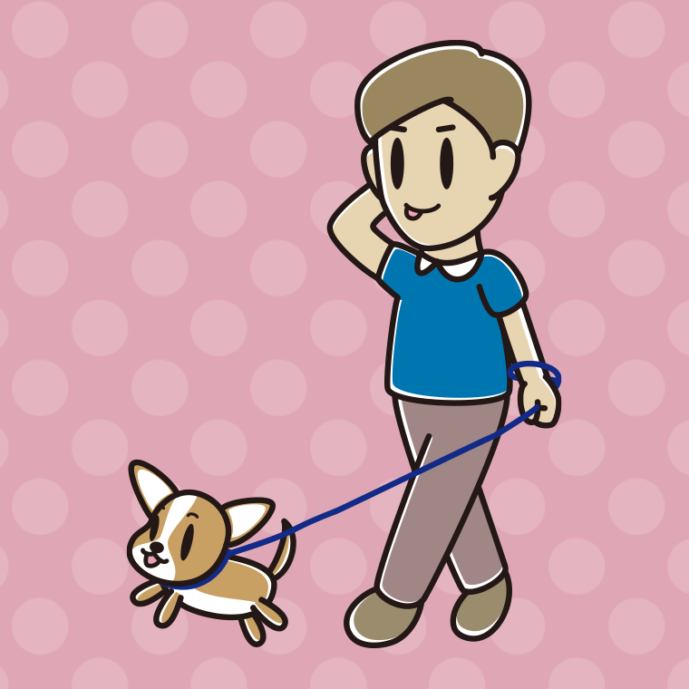 犬の散歩でテヘヘな男性のイラスト【色、背景あり】PNG