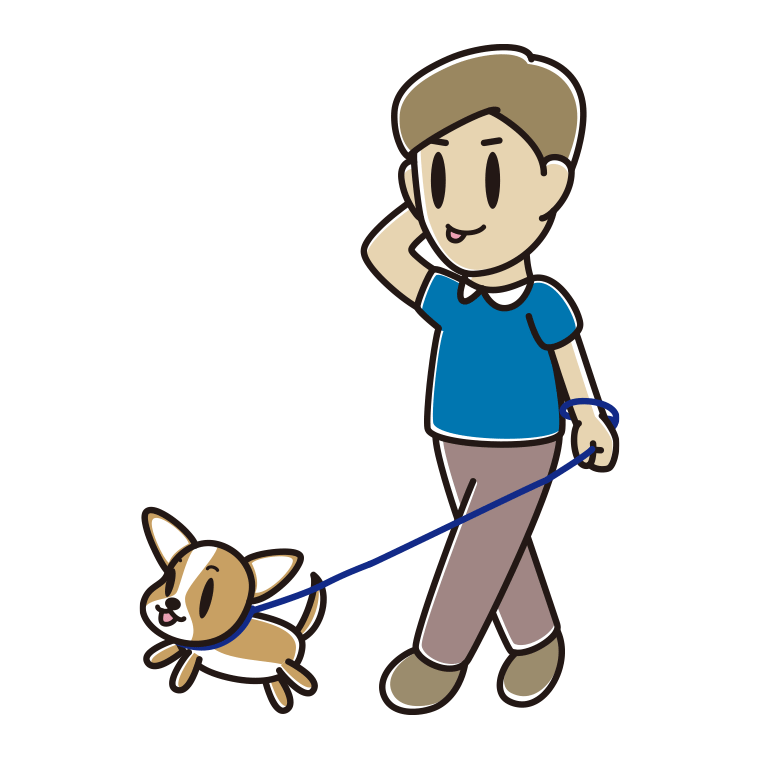 犬の散歩でテヘヘな男性のイラスト【色あり、背景なし】透過PNG