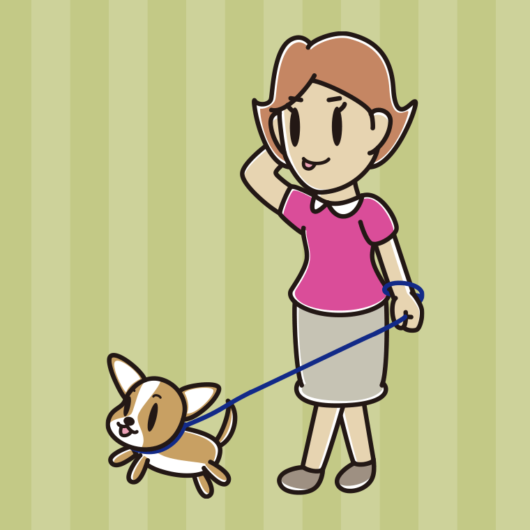 犬の散歩でテヘヘな女性のイラスト【色、背景あり】PNG