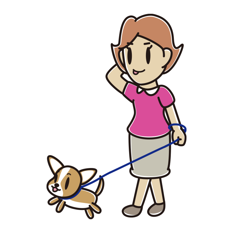 犬の散歩でテヘヘな女性のイラスト【色あり、背景なし】透過PNG