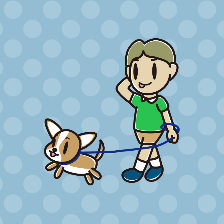 犬の散歩でテヘヘな小学生男子のイラスト【色、背景あり】PNG