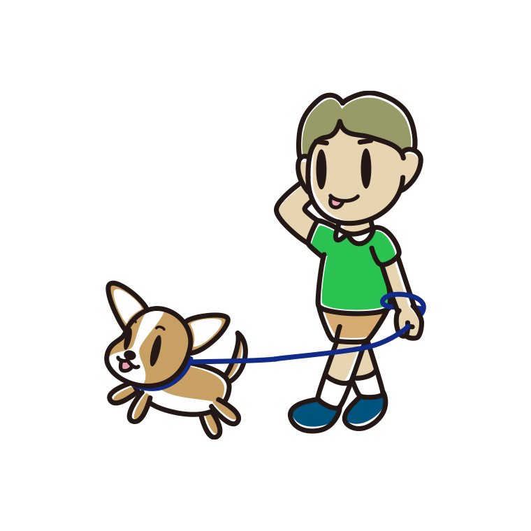 犬の散歩でテヘヘな小学生男子のイラスト【色あり、背景なし】透過PNG