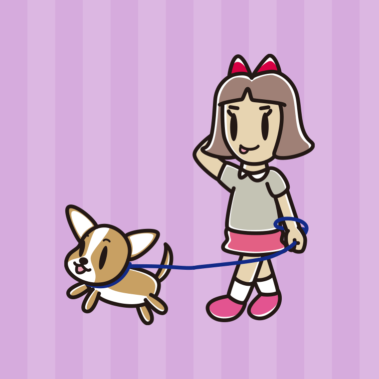 犬の散歩でテヘヘな小学生女子のイラスト【色、背景あり】PNG
