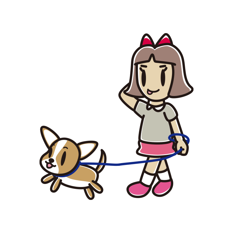犬の散歩でテヘヘな小学生女子のイラスト【色あり、背景なし】透過PNG