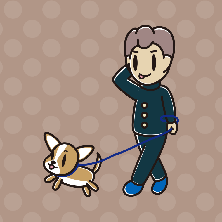 犬の散歩でテヘヘな男子中学生のイラスト【色、背景あり】PNG