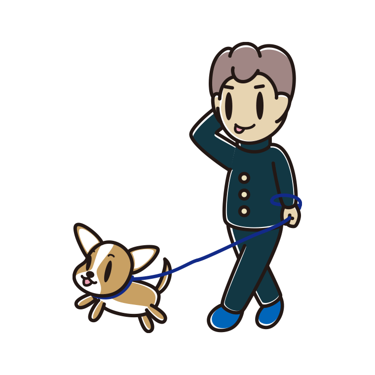 犬の散歩でテヘヘな男子中学生のイラスト【色あり、背景なし】透過PNG