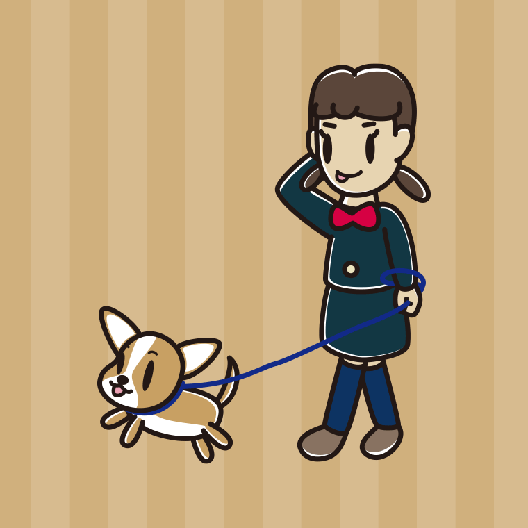 犬の散歩でテヘヘな女子中学生のイラスト【色、背景あり】PNG