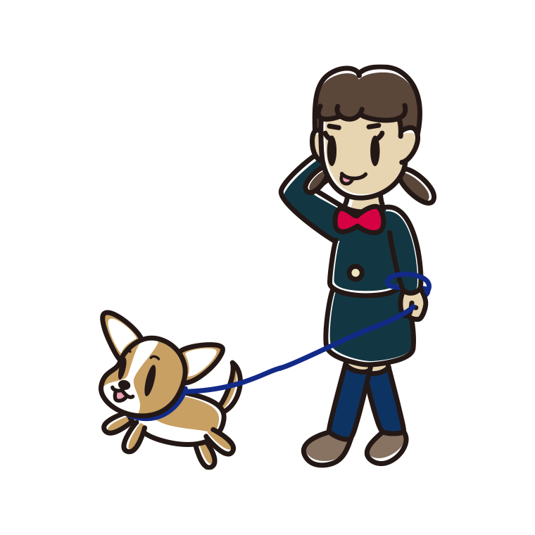 犬の散歩でテヘヘな女子中学生のイラスト【色あり、背景なし】透過PNG