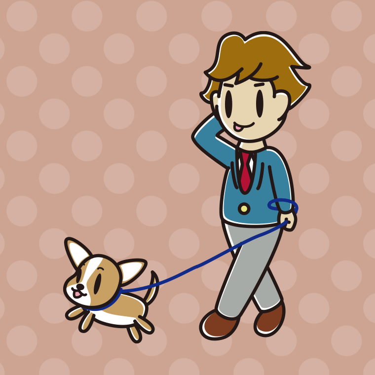 犬の散歩でテヘヘな男子高校生のイラスト【色、背景あり】PNG