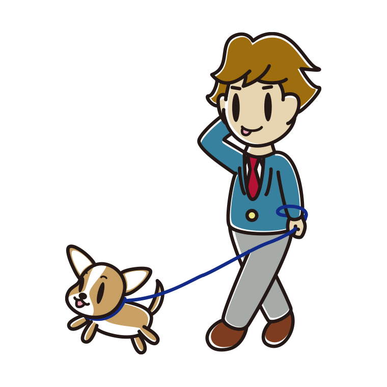 犬の散歩でテヘヘな男子高校生のイラスト【色あり、背景なし】透過PNG