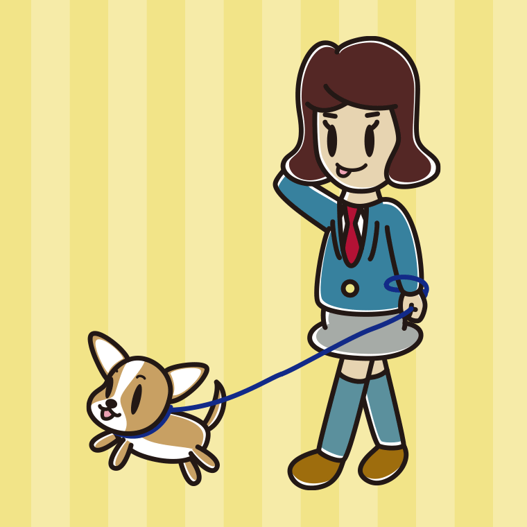 犬の散歩でテヘヘな女子高校生のイラスト【色、背景あり】PNG