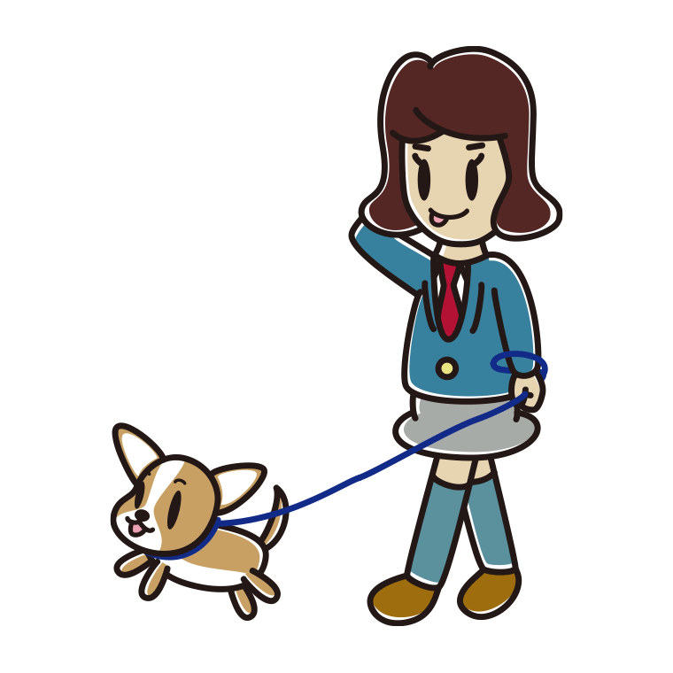 犬の散歩でテヘヘな女子高校生のイラスト【色あり、背景なし】透過PNG