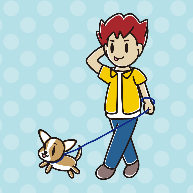 犬の散歩でテヘヘな男子大学生のイラスト【色、背景あり】PNG