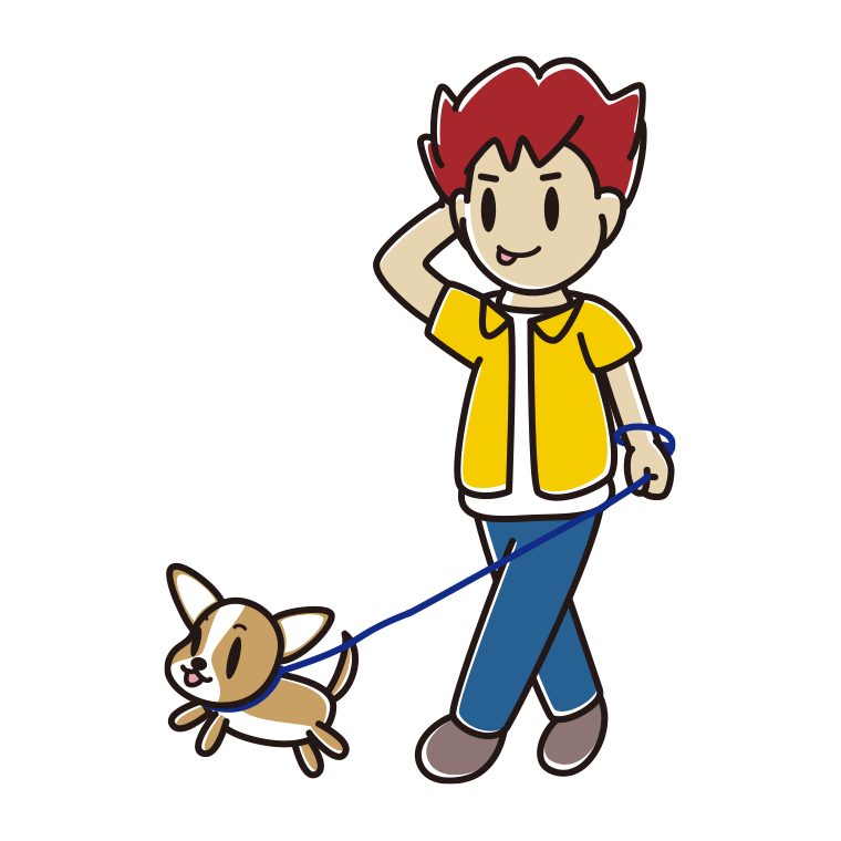 犬の散歩でテヘヘな男子大学生のイラスト【色あり、背景なし】透過PNG