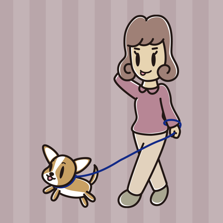 犬の散歩でテヘヘな女子大学生のイラスト【色、背景あり】PNG