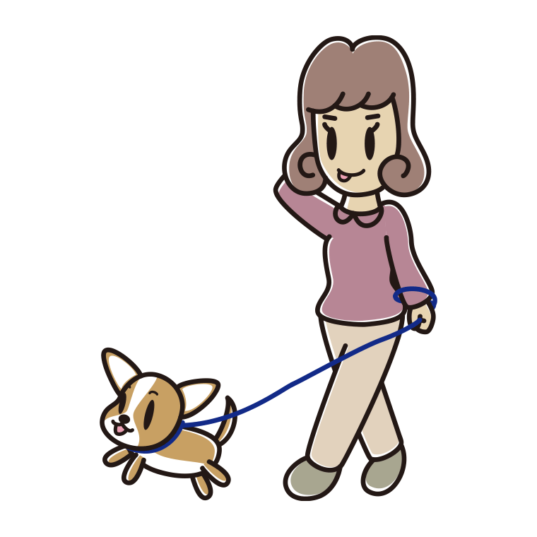 犬の散歩でテヘヘな女子大学生のイラスト【色あり、背景なし】透過PNG