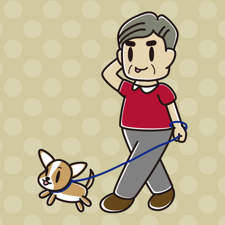 犬の散歩でテヘヘなおじさんのイラスト【色、背景あり】PNG