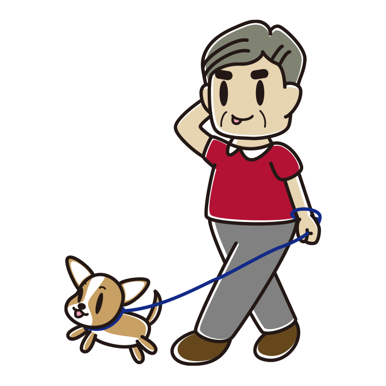 犬の散歩でテヘヘなおじさんのイラスト【色あり、背景なし】透過PNG