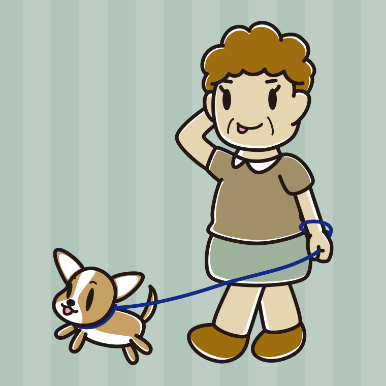 犬の散歩でテヘヘなおばさんのイラスト【色、背景あり】PNG