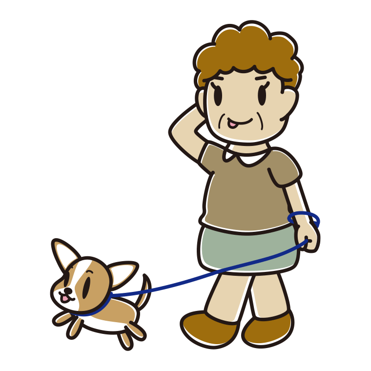 犬の散歩でテヘヘなおばさんのイラスト【色あり、背景なし】透過PNG
