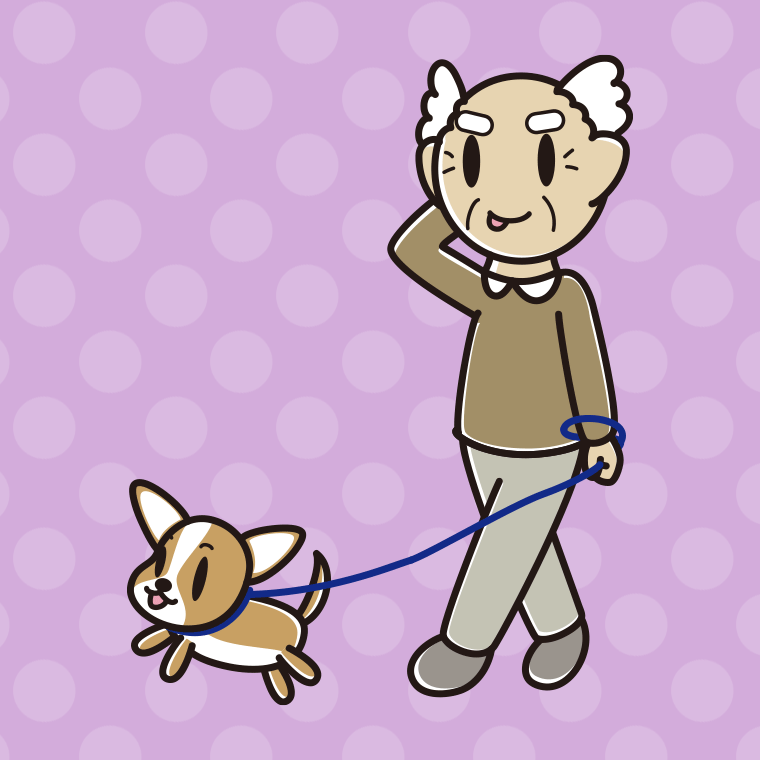 犬の散歩でテヘヘなおじいさんのイラスト【色、背景あり】PNG