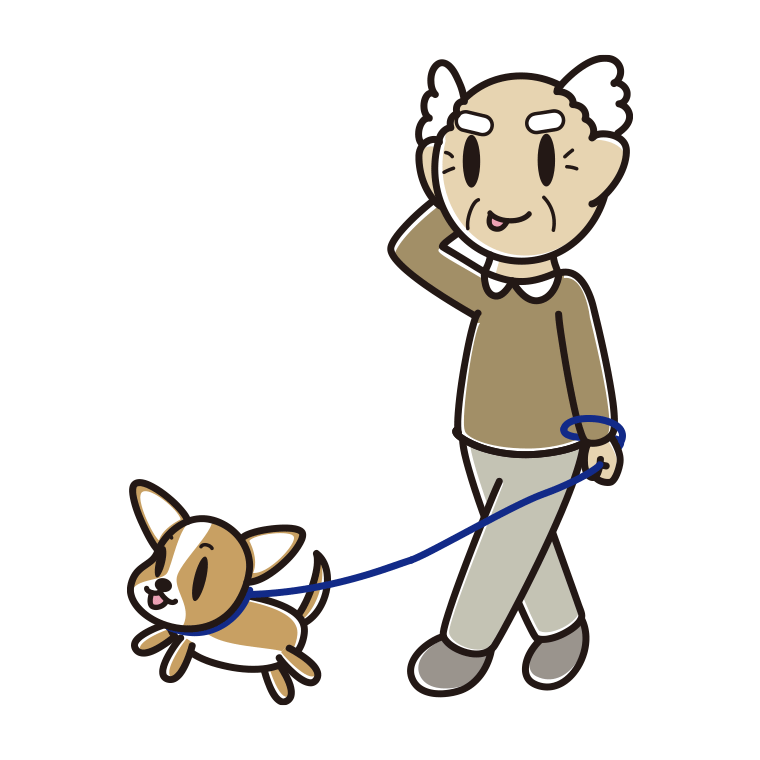 犬の散歩でテヘヘなおじいさんのイラスト【色あり、背景なし】透過PNG