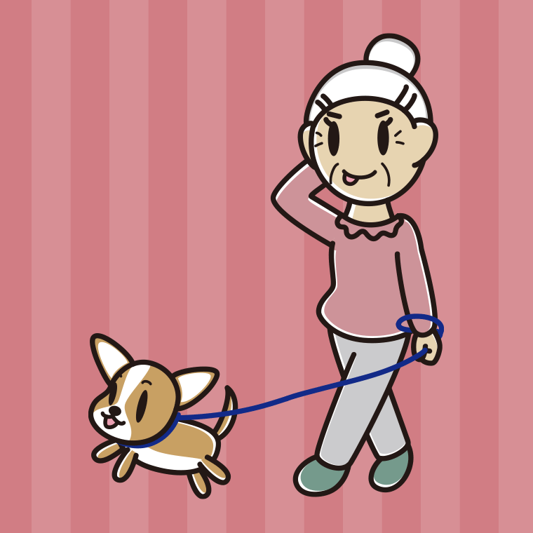 犬の散歩でテヘヘなおばあさんのイラスト【色、背景あり】PNG
