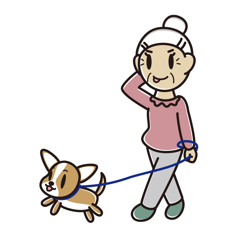 犬の散歩でテヘヘなおばあさんのイラスト【色あり、背景なし】透過PNG