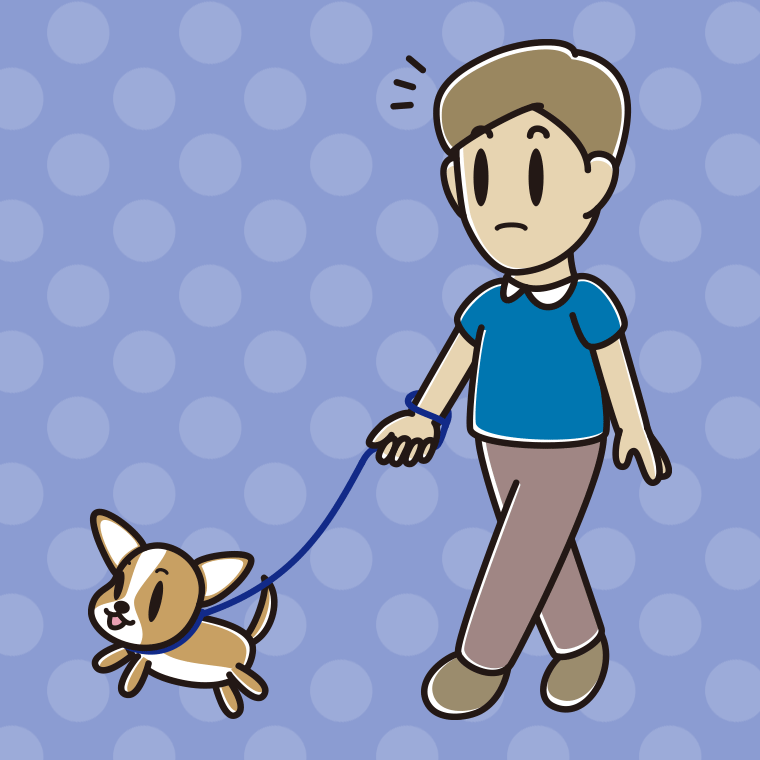 犬の散歩で何かに気付く男性のイラスト【色、背景あり】PNG
