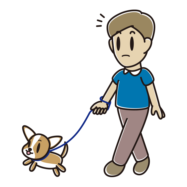 犬の散歩で何かに気付く男性のイラスト【色あり、背景なし】透過PNG