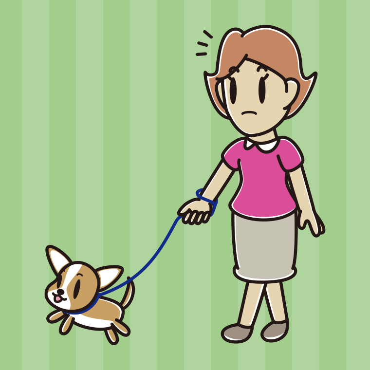 犬の散歩で何かに気付く女性のイラスト【色、背景あり】PNG