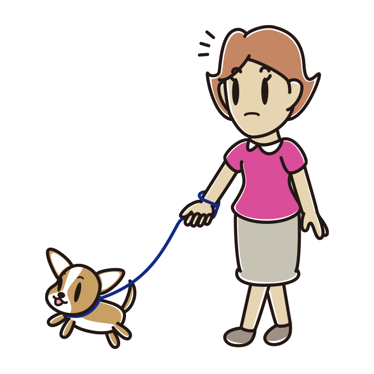 犬の散歩で何かに気付く女性のイラスト【色あり、背景なし】透過PNG