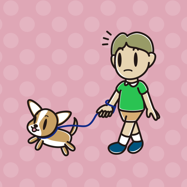 犬の散歩で何かに気付く小学生男子のイラスト【色、背景あり】PNG