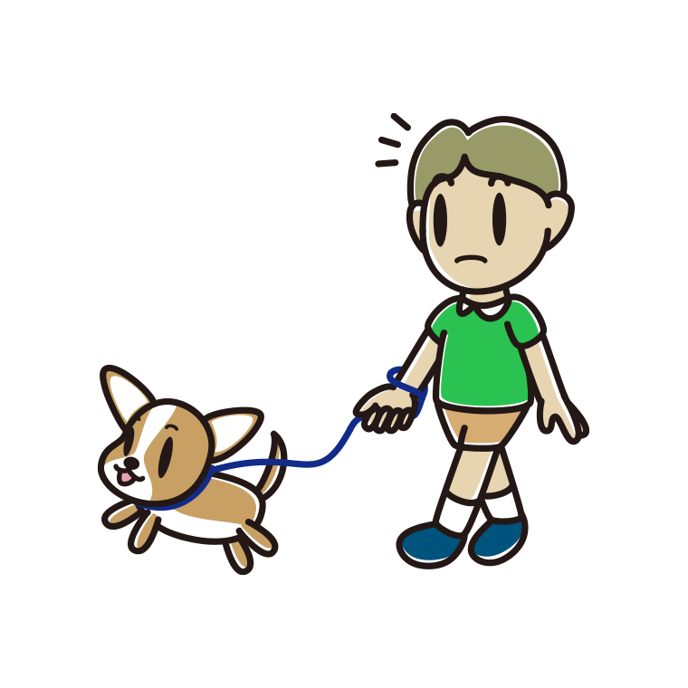 犬の散歩で何かに気付く小学生男子のイラスト【色あり、背景なし】透過PNG