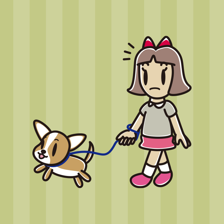 犬の散歩で何かに気付く小学生女子のイラスト【色、背景あり】PNG