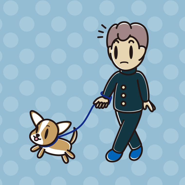 犬の散歩で何かに気付く男子中学生のイラスト【色、背景あり】PNG