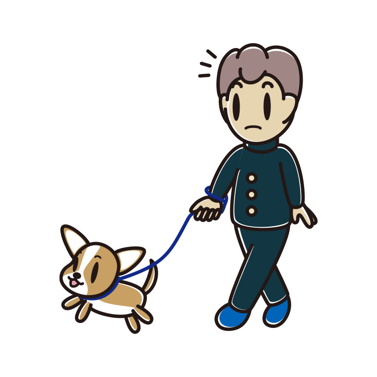 犬の散歩で何かに気付く男子中学生のイラスト【色あり、背景なし】透過PNG