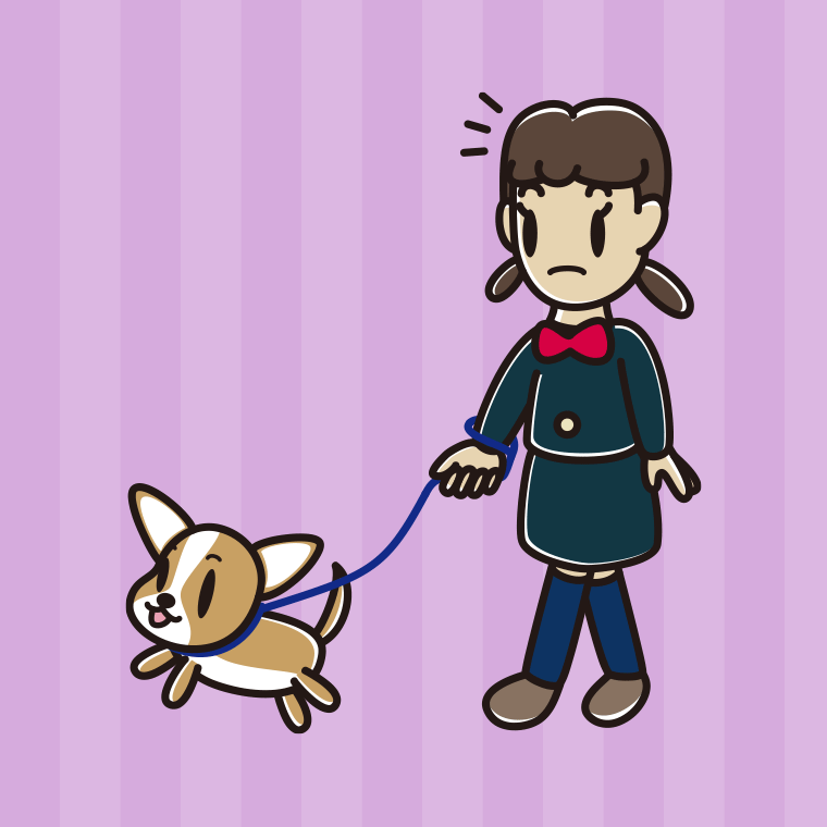 犬の散歩で何かに気付く女子中学生のイラスト【色、背景あり】PNG