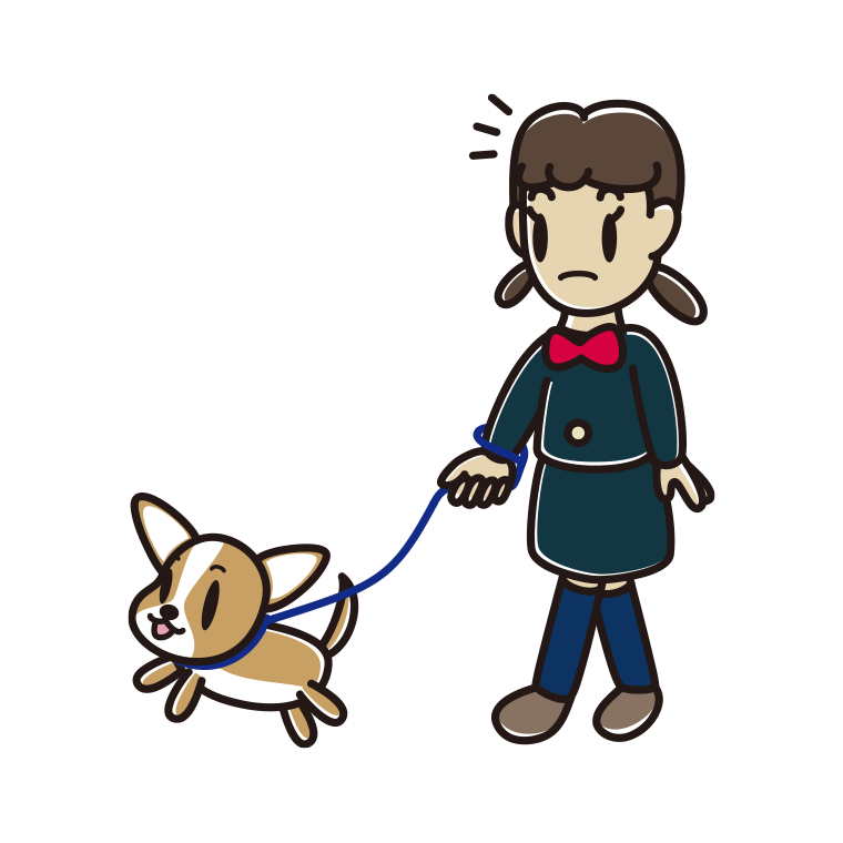 犬の散歩で何かに気付く女子中学生のイラスト【色あり、背景なし】透過PNG