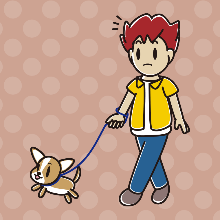 犬の散歩で何かに気付く男子大学生のイラスト【色、背景あり】PNG