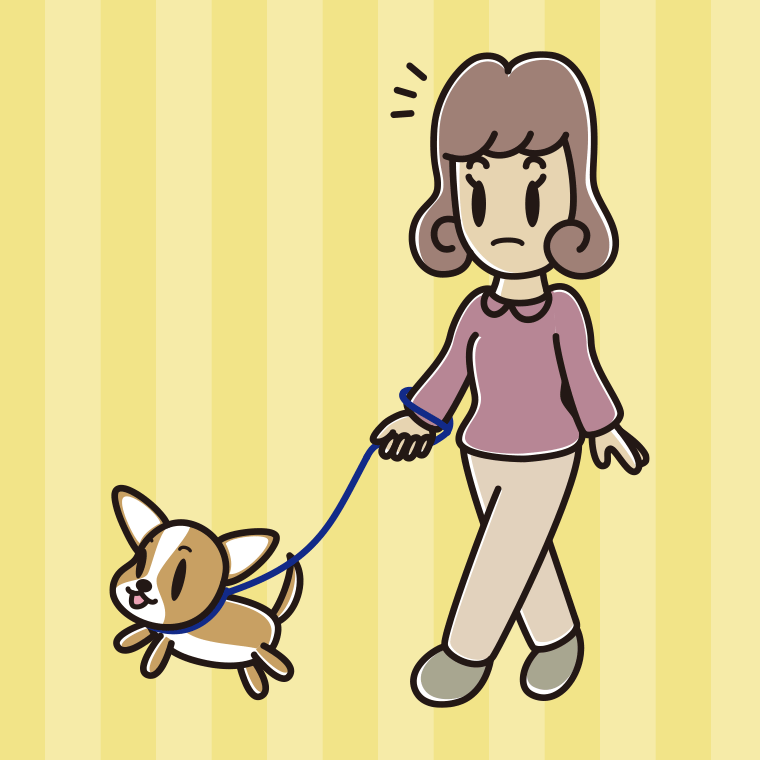 犬の散歩で何かに気付く女子大学生のイラスト【色、背景あり】PNG