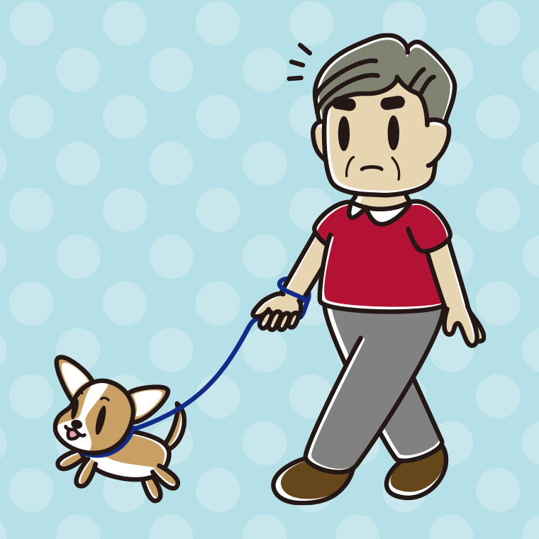 【フリー素材】犬の散歩で何かに気付くおじさんのイラスト
