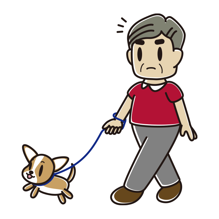 犬の散歩で何かに気付くおじさんのイラスト【色あり、背景なし】透過PNG