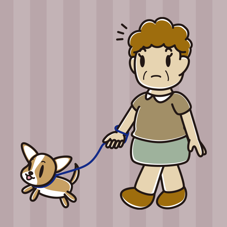 【フリー素材】犬の散歩で何かに気付くおばさんのイラスト