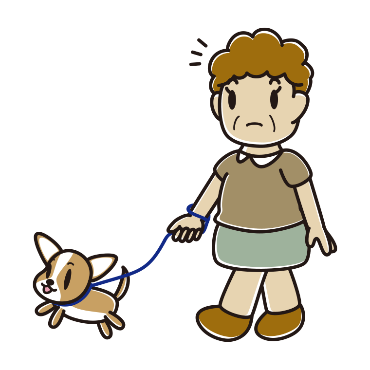 犬の散歩で何かに気付くおばさんのイラスト【色あり、背景なし】透過PNG